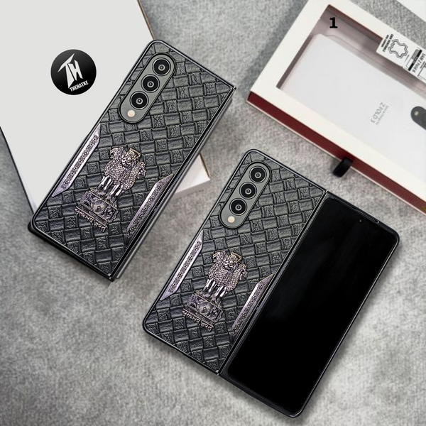 Black (Pattern 1) Satyameva Jayate embossed Leather Case for Samsung Galaxy Z Fold 4