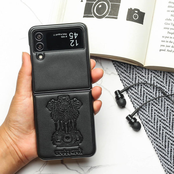 Black Satyameva Jayate embossed Leather Case for Samsung Galaxy Z FLIP 4