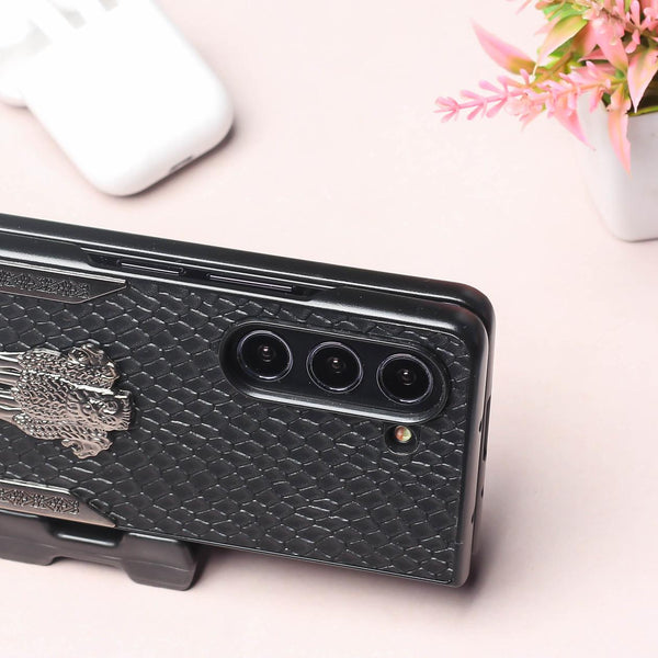 Black (Pattern 7) Satyameva Jayate embossed Leather Case for Samsung Galaxy Z Fold 4