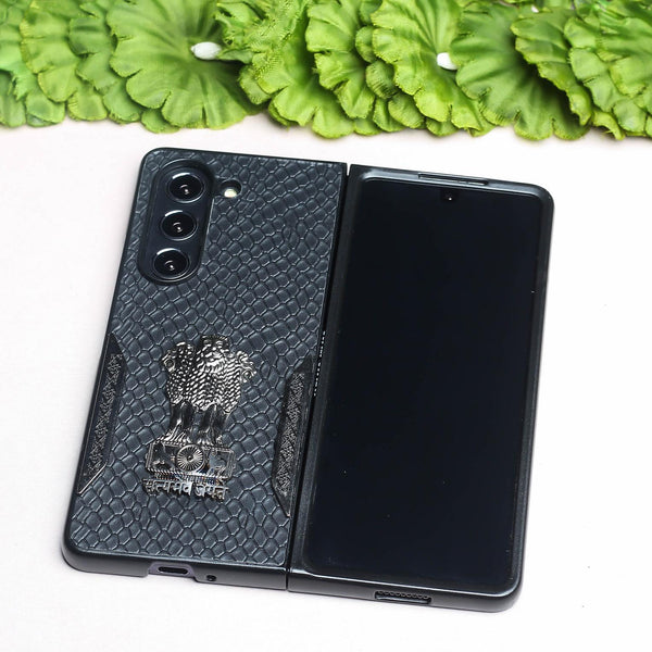 Black (Pattern 7) Satyameva Jayate embossed Leather Case for Samsung Galaxy Z Fold 4