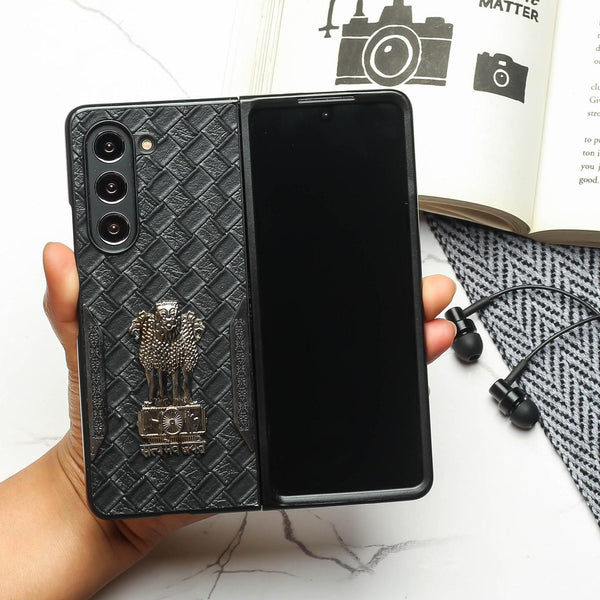 Black (Pattern 1) Satyameva Jayate embossed Leather Case for Samsung Galaxy Z Fold 4