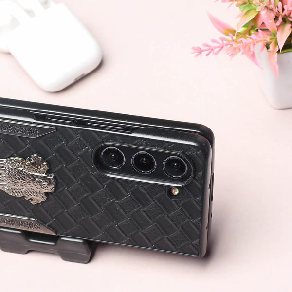 Black (Pattern 1) Satyameva Jayate embossed Leather Case for Samsung Galaxy Z Fold 4