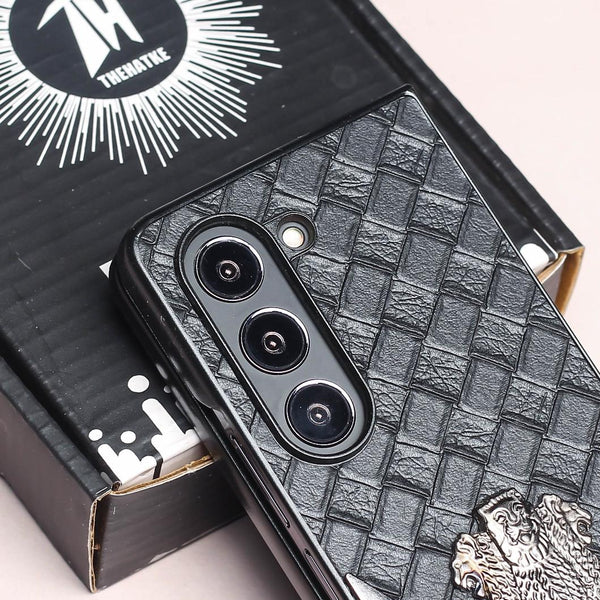 Black (Pattern 1) Satyameva Jayate embossed Leather Case for Samsung Galaxy Z Fold 4