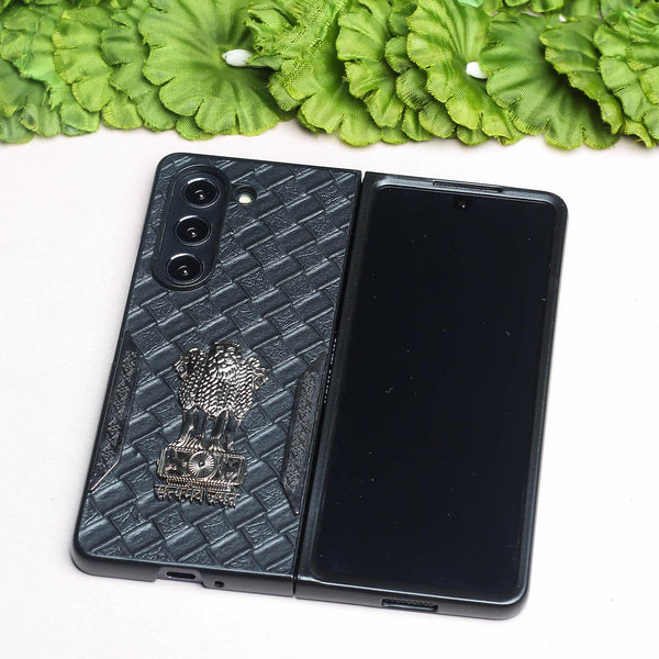 Black (Pattern 1) Satyameva Jayate embossed Leather Case for Samsung Galaxy Z Fold 4