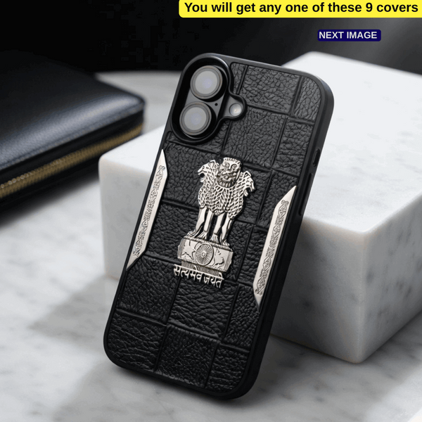 Black Satyameva Jayate embossed Leather Case for Apple iphone 16