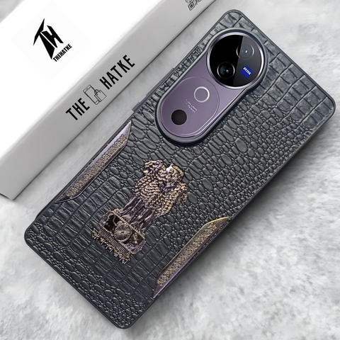 Black (Design 9) Satyameva Jayate embossed Leather Case for Vivo V40