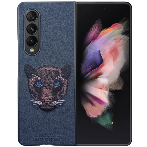 Dark Blue Leather Black Panther Ornamented for Samsung Galaxy Z Fold 4