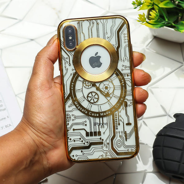 Golden Watch Machine Logo Cut Transparent Case for Apple Iphone X/Xs