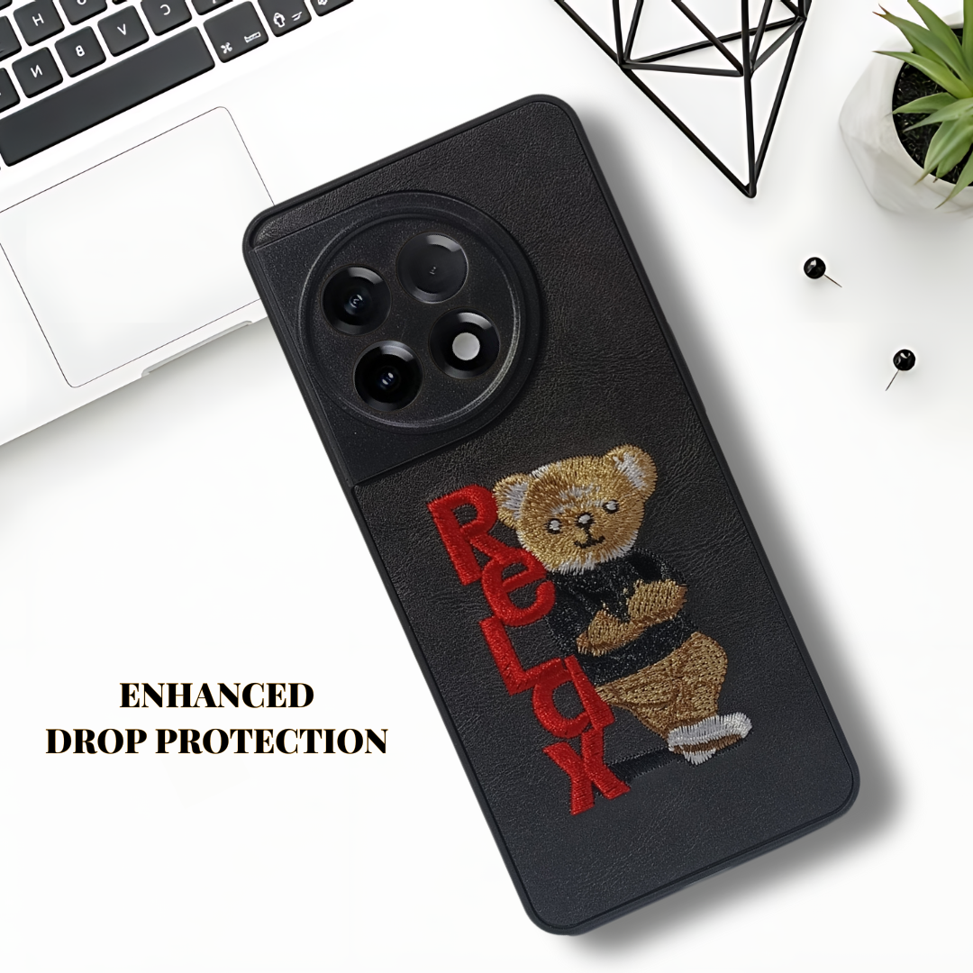 Black Leather Relax Teddy Lion Camera Ornamented for Oneplus 11R