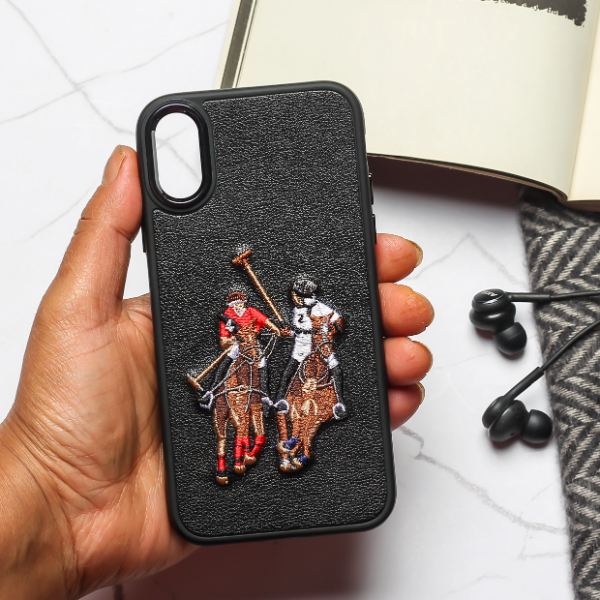 Black Leather Dual Horse rider Ornamented for Apple iPhone Xs Max