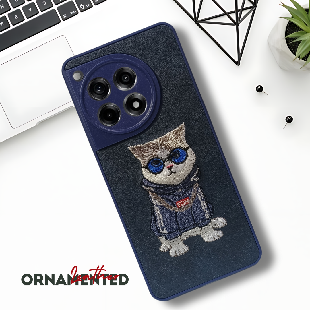 Blue Leather Cute Cat Camera Ornamented for Oneplus 12R