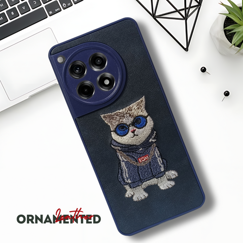 Blue Leather Cute Cat Camera Ornamented for Oneplus 12R