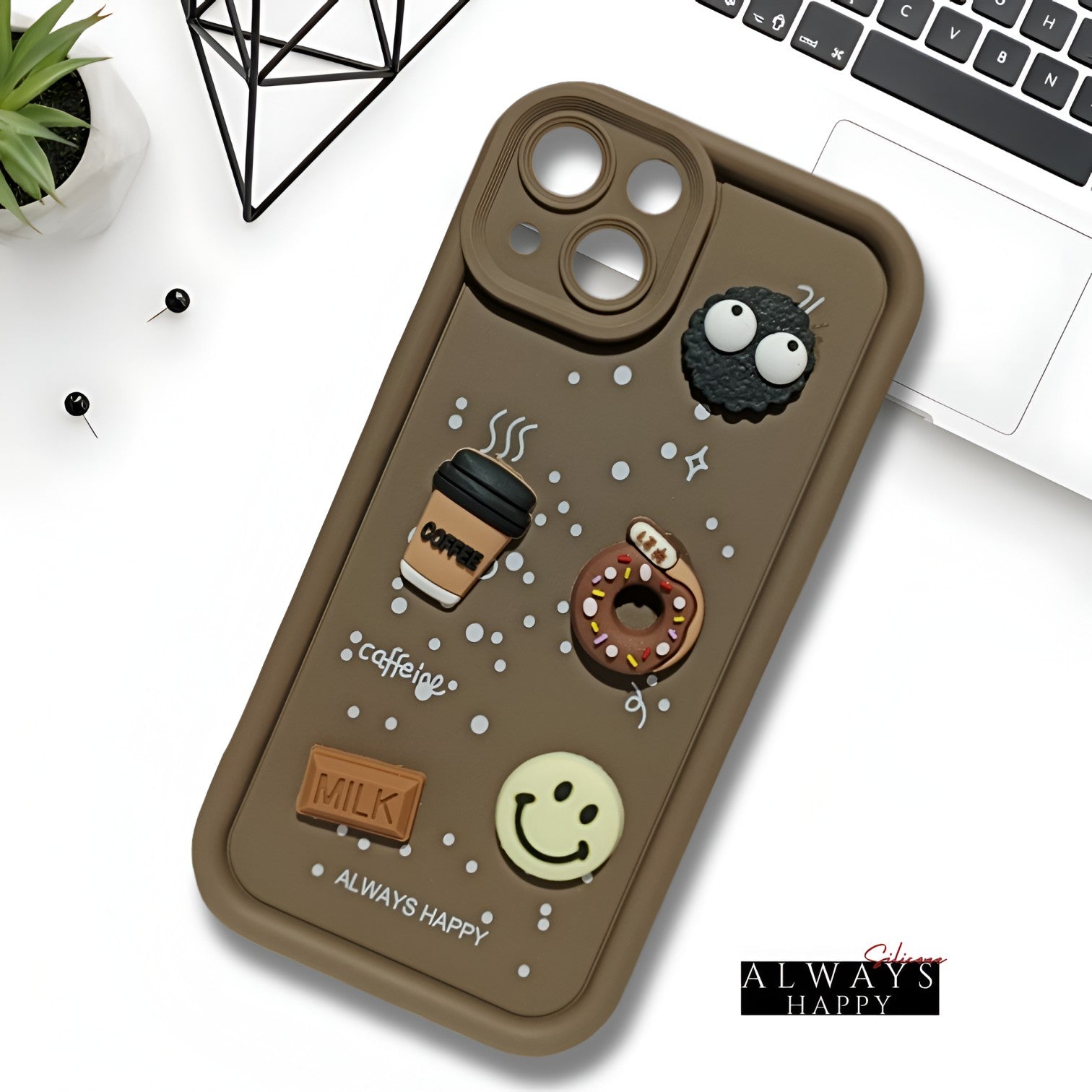 Dark Brown COFFEE (ALWAYS HAPPY) Silicone case for Apple iphone 13