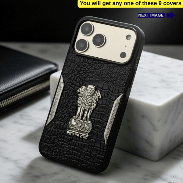Black Satyameva Jayate embossed Leather Case for Apple iphone 17 Pro