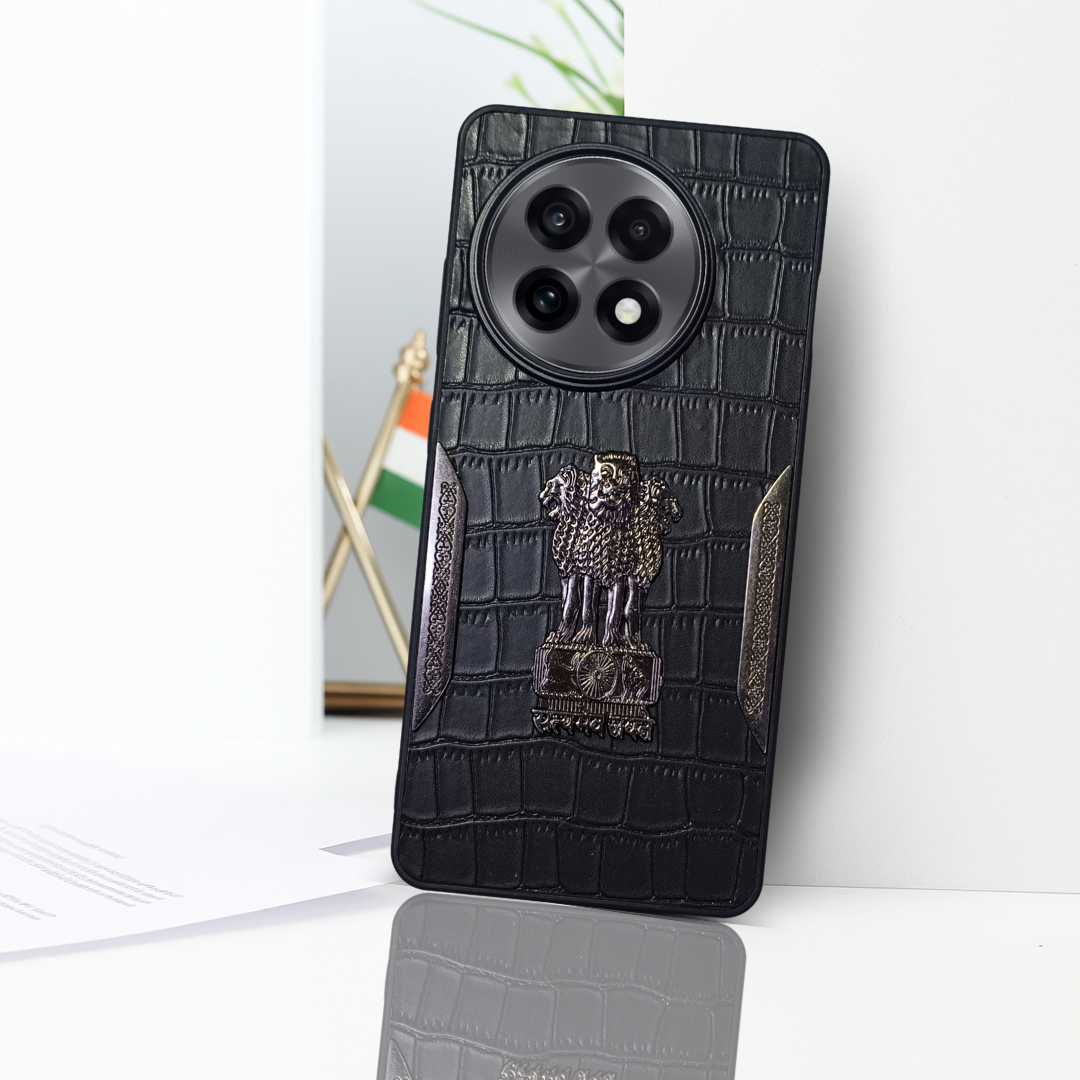 Black (Design 1) Satyameva Jayate embossed Leather Case for Oneplus 13R