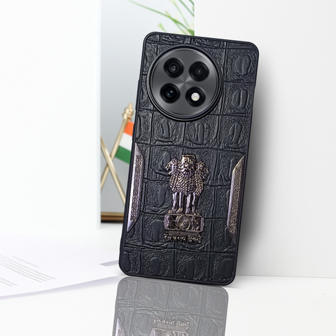 Black (Design 8) Satyameva Jayate embossed Leather Case for Oneplus 13R
