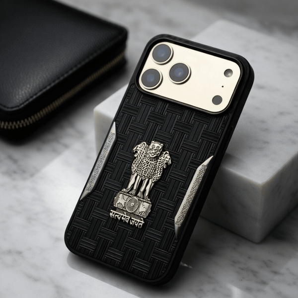 Black Satyameva Jayate embossed Leather Case for Apple iphone 17 Pro