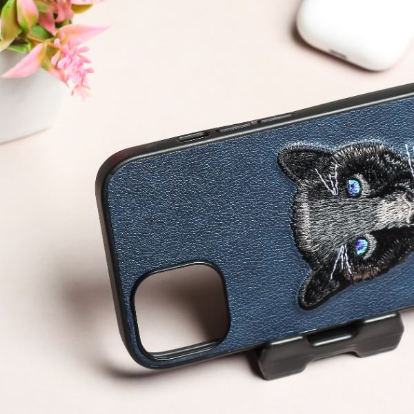 Dark Blue Leather Black Panther Ornamented for Apple Iphone 14