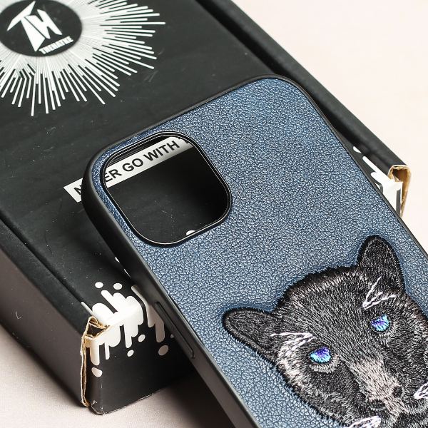 Dark Blue Leather Black Panther Ornamented for Apple Iphone 14