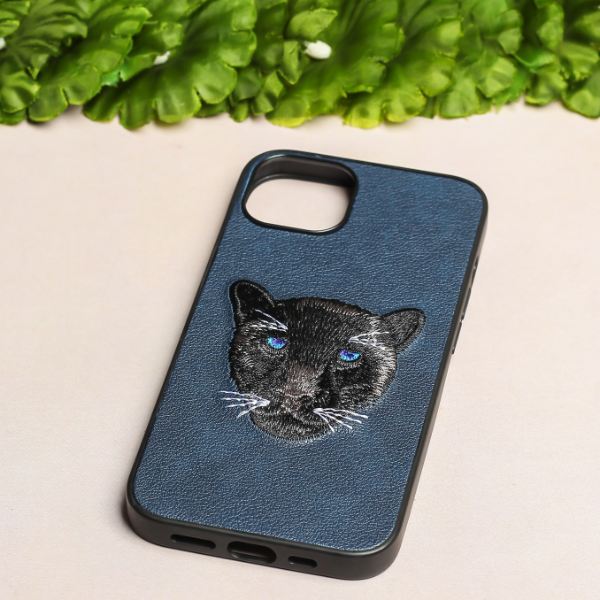 Dark Blue Leather Black Panther Ornamented for Apple Iphone 14 Plus