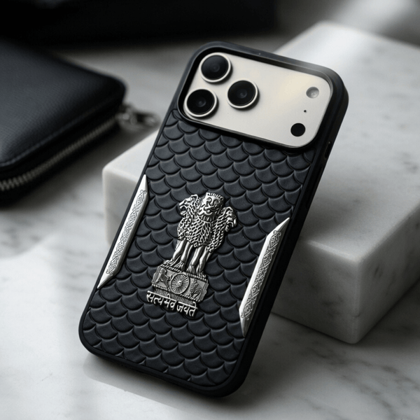 Black Satyameva Jayate embossed Leather Case for Apple iphone 17 Pro