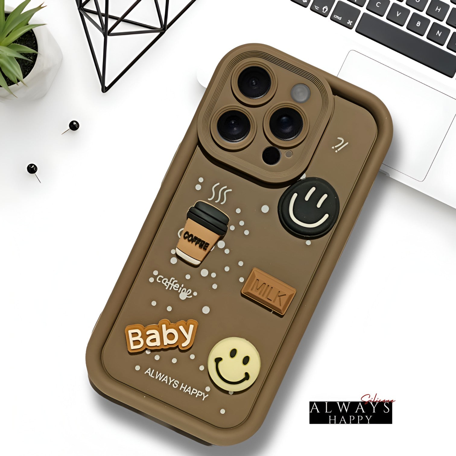 Dark Brown COFFEE (ALWAYS HAPPY) Silicone case for Apple iphone 15