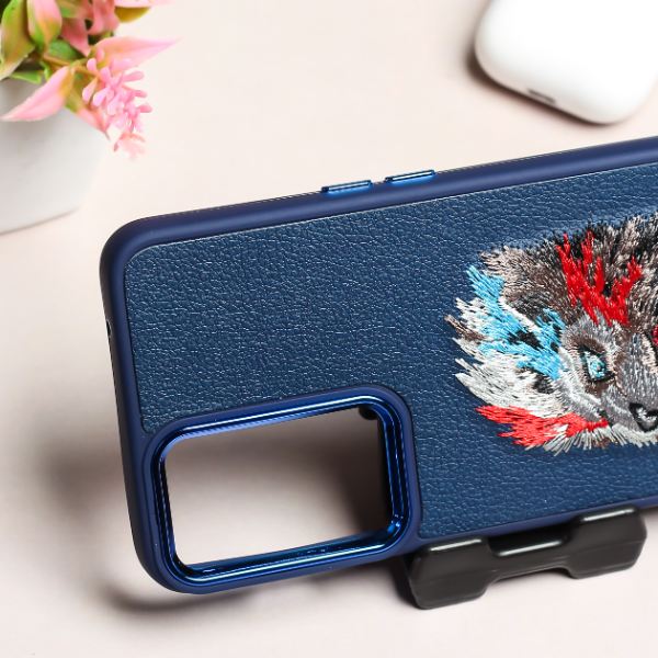 Dark Blue Leather Artic Lion Metal Ring Ornamented for Oneplus Nord 2