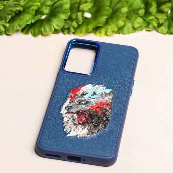 Dark Blue Leather Artic Lion Metal Ring Ornamented for Oneplus Nord 2