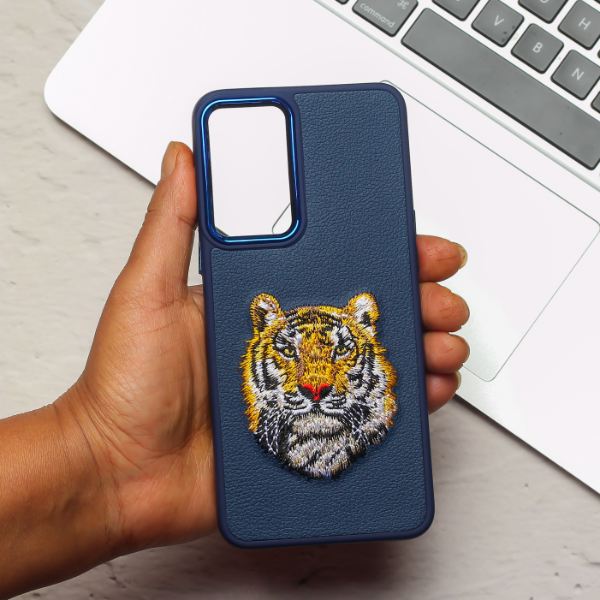 Dark Blue Leather Yellow Lion Metal Ring Ornamented for Oneplus Nord 2