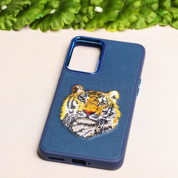 Dark Blue Leather Yellow Lion Metal Ring Ornamented for Oneplus Nord 2