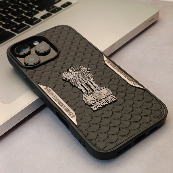 Black Satyameva Jayate embossed Leather Case for Apple iphone 16 Pro Max