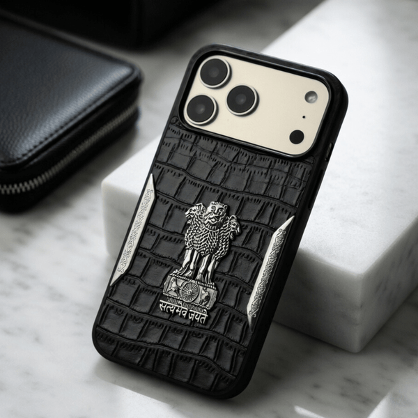 Black Satyameva Jayate embossed Leather Case for Apple iphone 17 Pro
