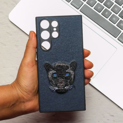 Dark Blue Leather Black Panther Camera Ornamented for Samsung S23 Ultra