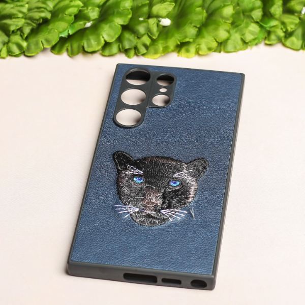 Dark Blue Leather Black Panther Camera Ornamented for Samsung S22 Ultra