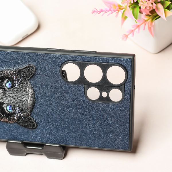 Dark Blue Leather Black Panther Camera Ornamented for Samsung S22 Ultra