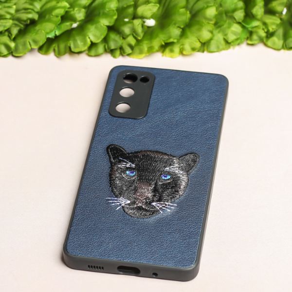 Dark Blue Leather Black Panther Camera Ornamented for Samsung S20 FE