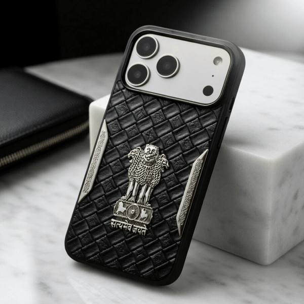 Black Satyameva Jayate embossed Leather Case for Apple iphone 17 Pro