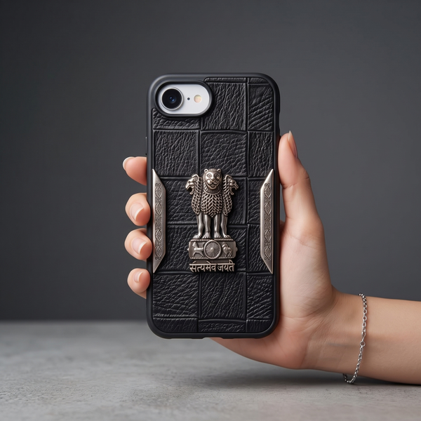 Black Satyameva Jayate embossed Leather Case for Apple iphone 16e