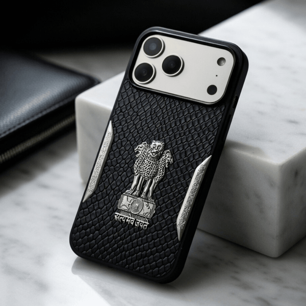 Black Satyameva Jayate embossed Leather Case for Apple iphone 17 Pro
