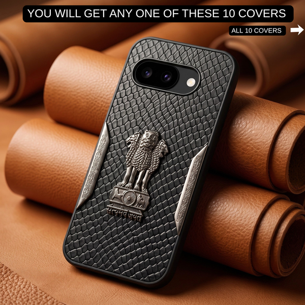 Black Satyameva Jayate embossed Leather Case for Google Pixel 9a