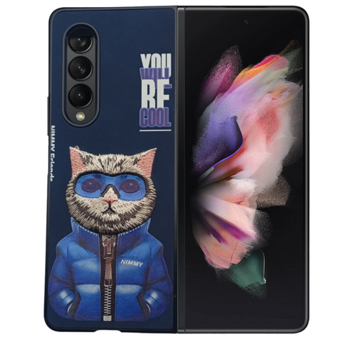 Dark Blue Leather Cool Cat Ornamented for Samsung Galaxy Z Fold 4