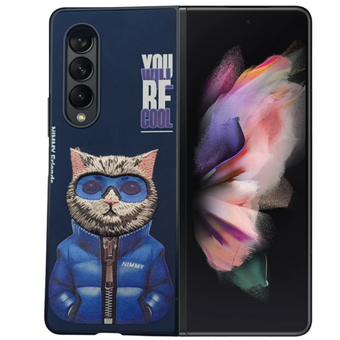 Dark Blue Leather Cool Cat Ornamented for Samsung Galaxy Z Fold 3