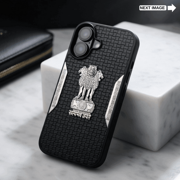 Black Satyameva Jayate embossed Leather Case for Apple iphone 16