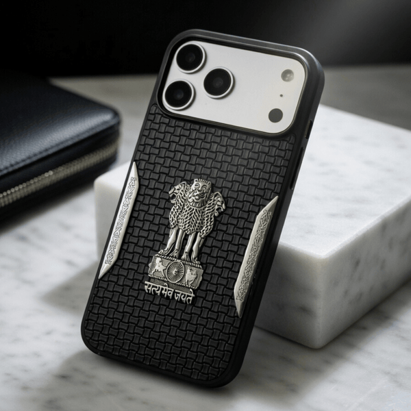 Black Satyameva Jayate embossed Leather Case for Apple iphone 17 Pro