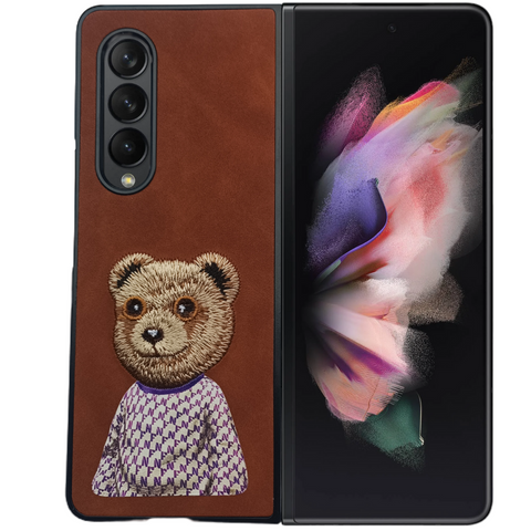 Brown Leather Brown Bear Ornamented for Samsung Galaxy Z Fold 3`