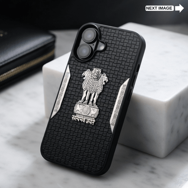 Black Satyameva Jayate embossed Leather Case for Apple iphone 17