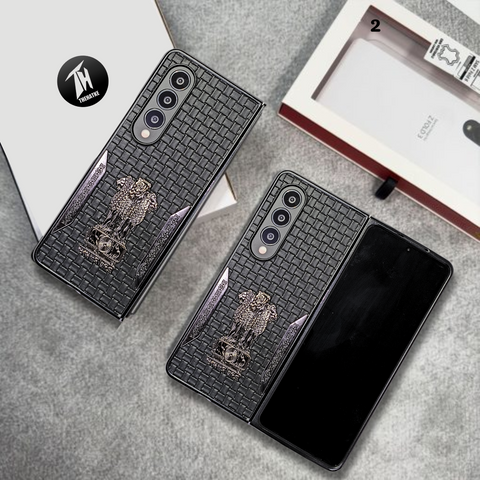 Black (Pattern 2) Satyameva Jayate embossed Leather Case for Samsung Galaxy Z Fold 3
