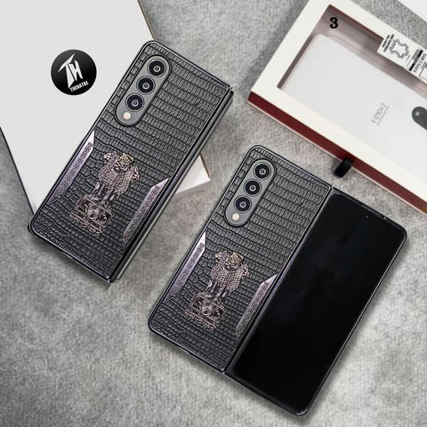 Black (Pattern 3) Satyameva Jayate embossed Leather Case for Samsung Galaxy Z Fold 3