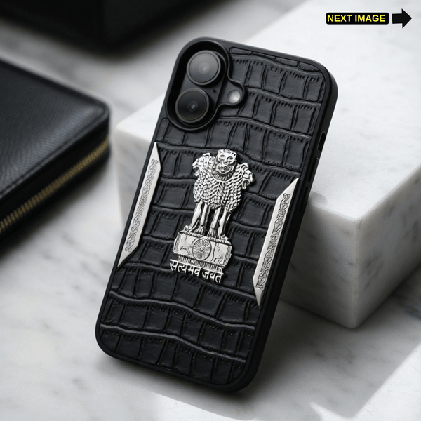 Black Satyameva Jayate embossed Leather Case for Apple iphone 17