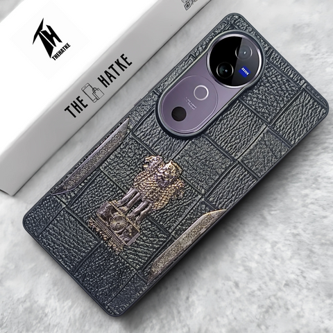 Black (Design 6) Satyameva Jayate embossed Leather Case for Vivo V40